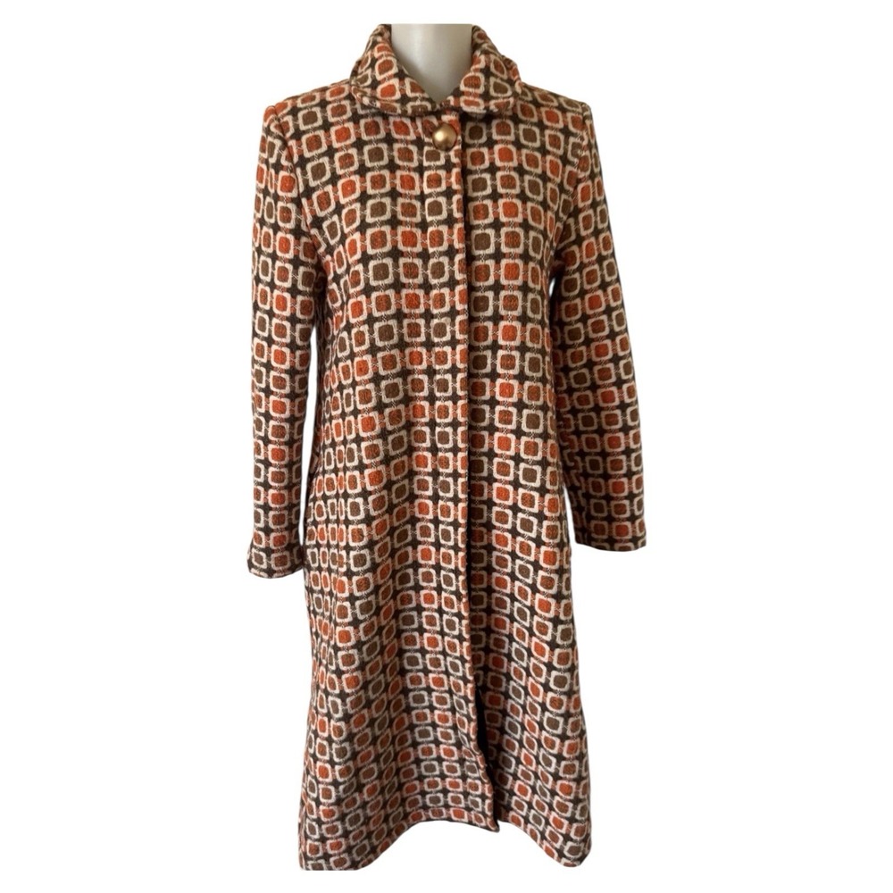 VTG All Day 60s 70s Mod Wool Blend Coat Long Retro Geometric Womens Small/38